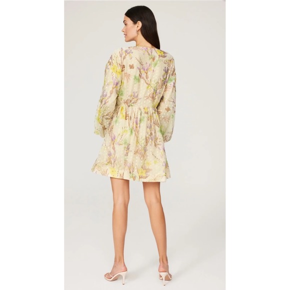 Alexis Behati Floral Swiss Dot Mini Dress V-Neck Balloon Sleeve Yellow - Picture 3 of 3